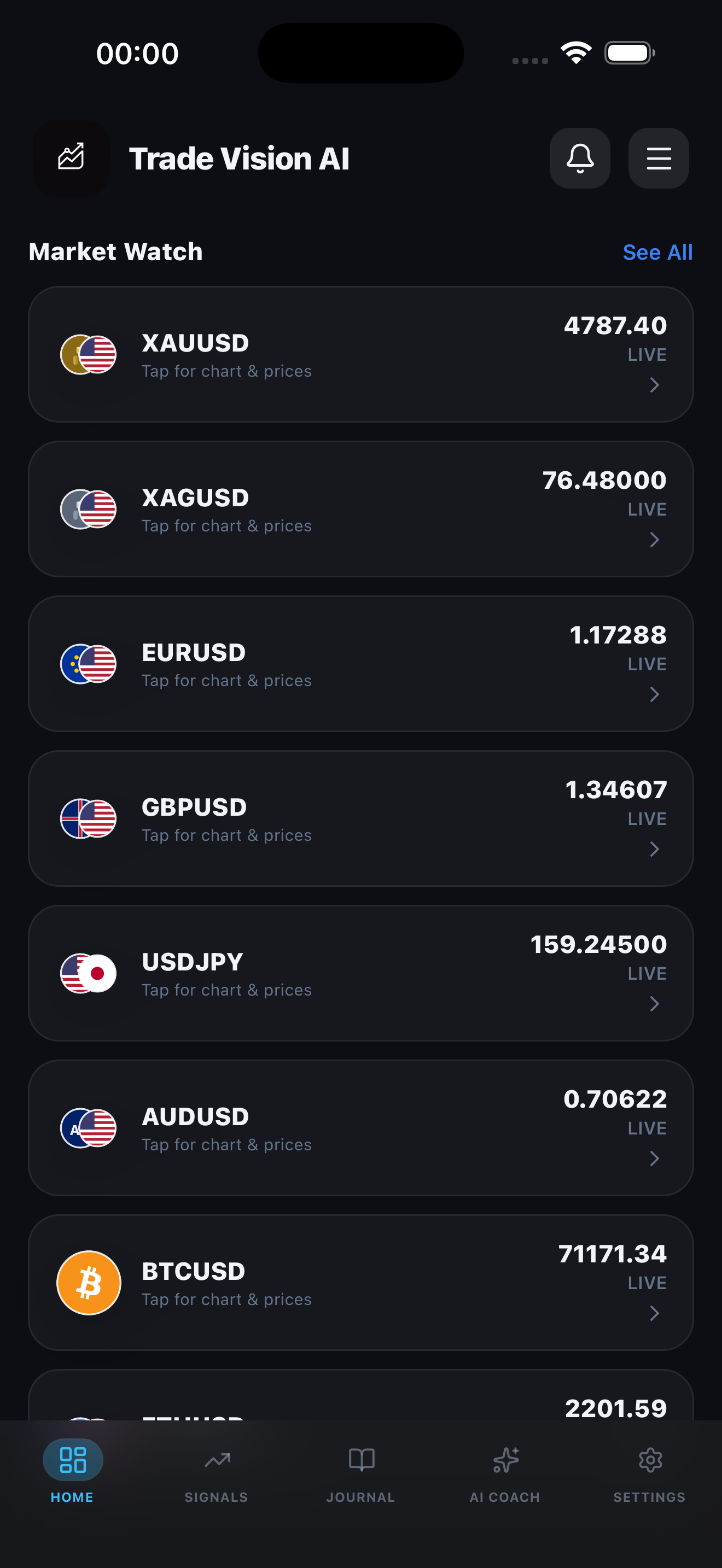 TradeVision AI — mobile terminal interface